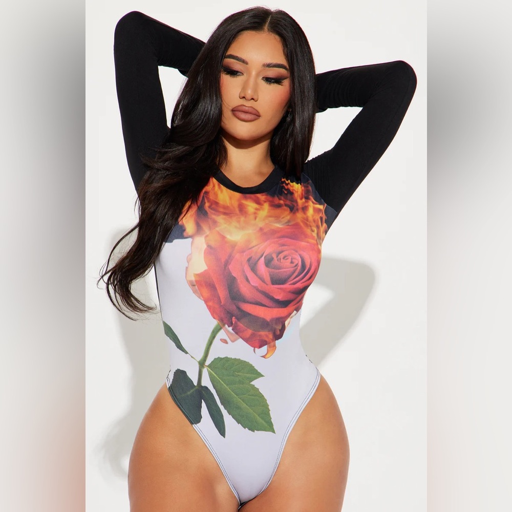 Flaming Rose Long Sleeve Bodysuit